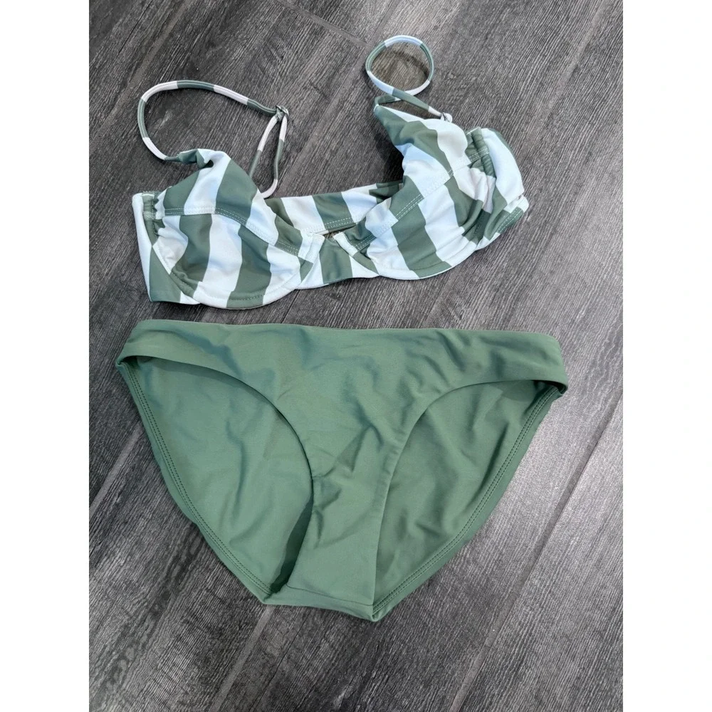 Mikoh Lima Underwire Bikini Top Retro Stripe Olive Green‎ Set Small